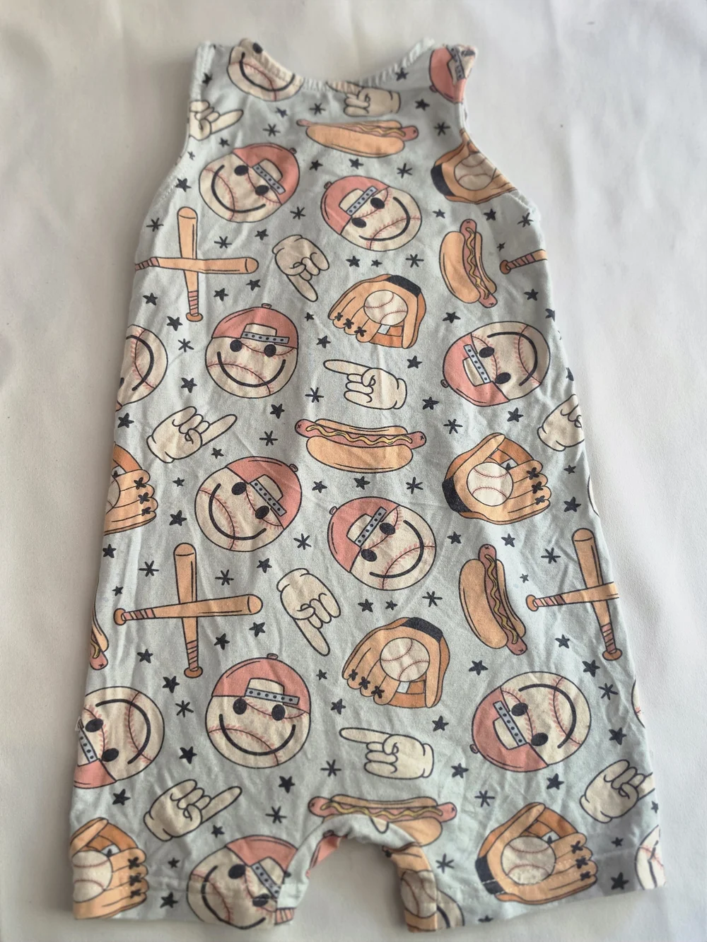 Caden Lane Gray Sleeveless Romper with Peach and Tan Sports Icons